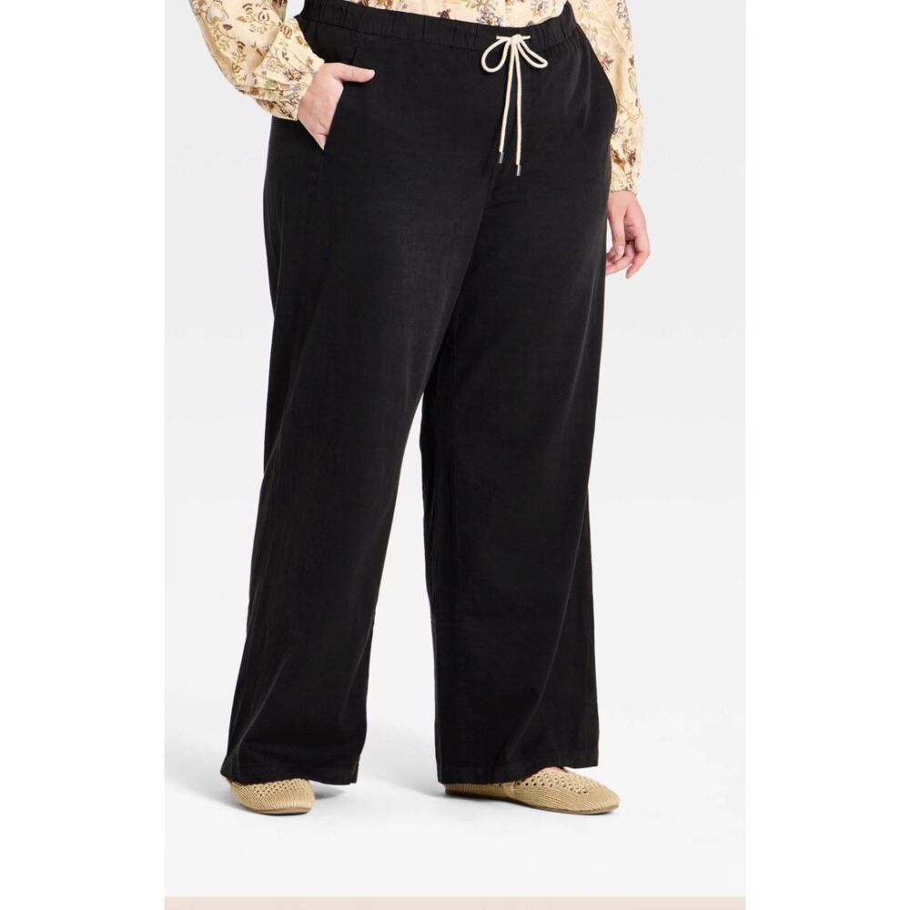 Women’s Linen Cotton Wide Leg Pull-On Pants Black 1X